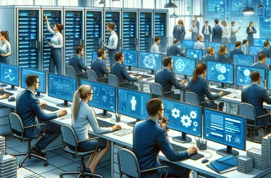 Ein Bild, das IT-Dienstleistungen in einem Büroumfeld darstellt. Die Szene zeigt IT-Fachleute, die an Computern und Servern arbeiten. Einige überprüfe