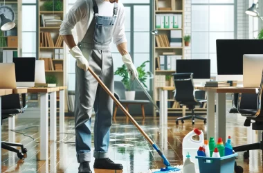 Ein Bild, das Reinigungsarbeiten in einem Büro oder Wohnraum darstellt. Die Szene zeigt eine Person in professioneller Reinigungskleidung, die den Bod