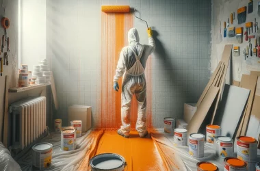 Ein Bild, das Streicharbeiten in einem Innenraum darstellt. Die Szene zeigt eine Person, die eine Wand mit frischer Farbe streicht. Die Person trägt p