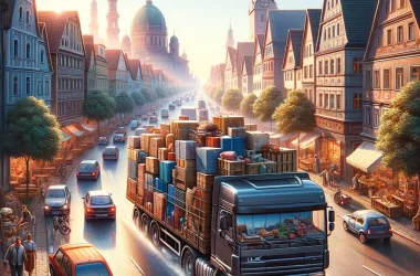 Ein Bild, das den Prozess des Transports verschiedener Gegenstände darstellt. Die Szene zeigt einen großen LKW, der auf einer belebten Straße fährt, b