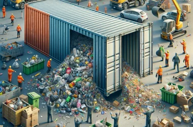 Ein Bild, das die Entsorgung von Abfällen und unerwünschten Gegenständen darstellt. Die Szene zeigt mehrere Personen, die verschiedene Arten von Abfäl