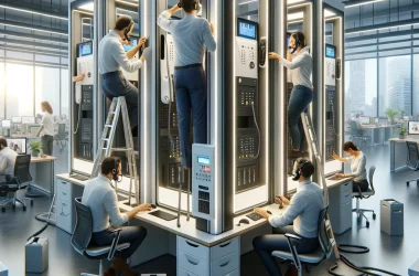Ein Bild, das die Montage von Telefonkabinen in einem Büroumfeld zeigt. Die Szene zeigt ein Team von Arbeitern, die dabei sind, moderne Telefonkabinen
