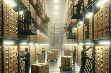 Ein Bild, das die externe Archivierung von Dokumenten und Akten darstellt. Die Szene zeigt ein sicheres Archivlager, in dem Fachpersonal Dokumente in