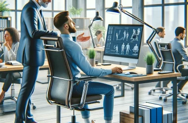 Ein Bild, das eine ergonomische Beratung in einem Büroumfeld darstellt. Die Szene zeigt einen Ergonomie-Experten, der einem Büroangestellten Ratschläg