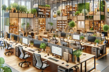 Ein Bild, das innovative Büromöbellösungen in einem modernen Büroumfeld zeigt. Die Szene zeigt verschiedene Arbeitsplätze, die mit ergonomischen Büros