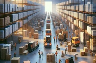 Ein Bild eines Lagerumzugs. Die Szene zeigt eine große Lagerhalle, in der Arbeiter und Gabelstapler beschäftigt sind, Paletten mit Waren und Kisten zu