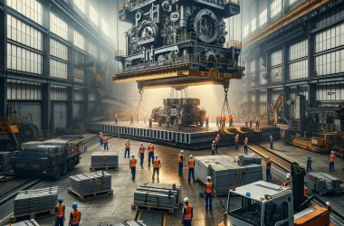 Ein Bild eines Maschinenumzugs in einer Industrieanlage. Große, komplexe Maschinen werden von einem professionellen Team demontiert und für den Transp
