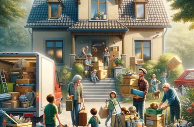 Ein Bild eines Privatumzugs. Die Szene zeigt eine Familie, die dabei hilft, ihre persönlichen Gegenstände und Möbel in einen Umzugswagen zu laden. Im