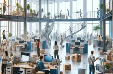 Ein Bild eines internen Büroumzugs, bei dem Mitarbeiter ihre Arbeitsplätze innerhalb desselben Gebäudes verändern. Die Szene zeigt Personen, die Bürom