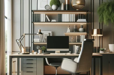 Ein Bild von modernen Büromöbeln in einem stilvollen Büroinnenraum. Die Szene zeigt einen Arbeitsplatz mit einem eleganten Schreibtisch, einem ergonom (2)